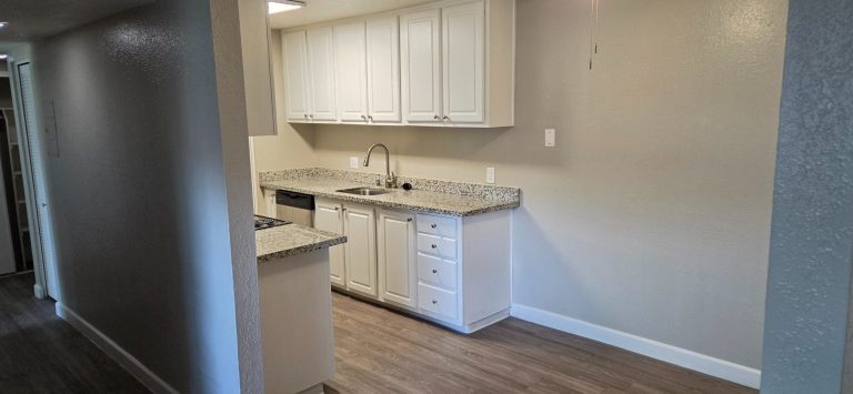 Kitchen updates Kitchen with white cabinets, updated countertops, and wood-look flooring